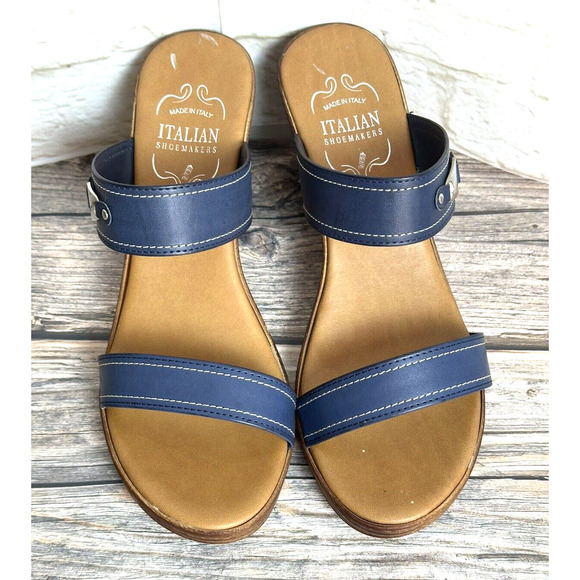 Italian Shoemaker Sandals Wedge Navy Blue Leather Straps Fits 10 M‎ - Picture 3 of 16